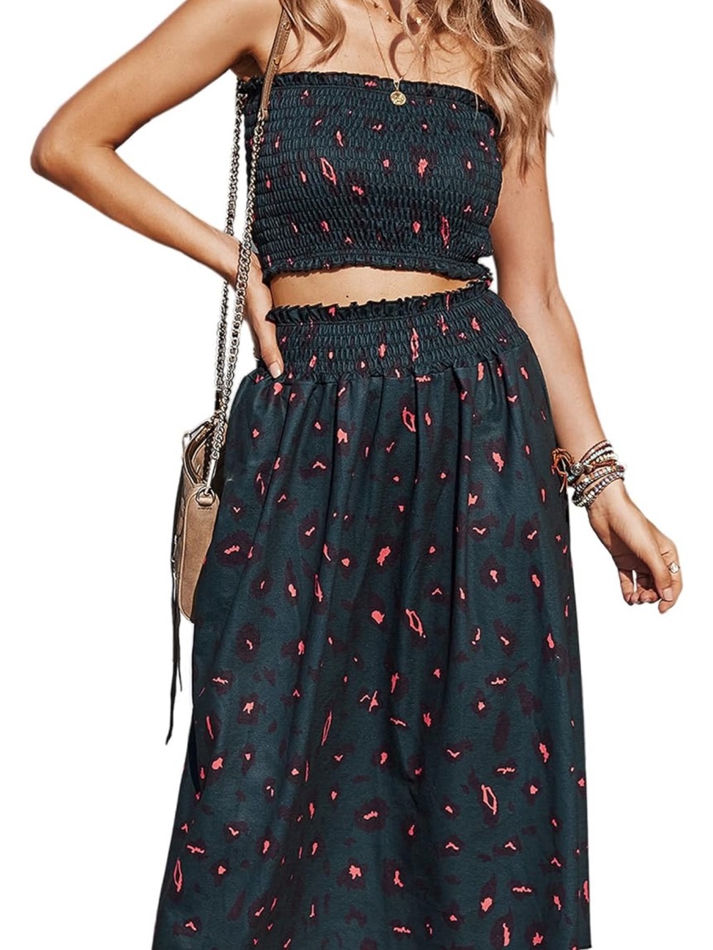 Smocked Black Skirt 2 piece Set with Pink Cheetah Print
